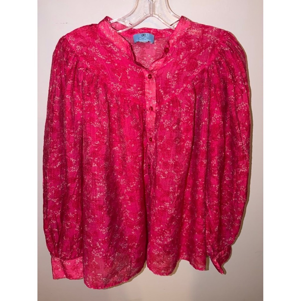 CeCe Womens Pink Floral Puff Sleeve Button Front Blouse Top Medium I0325
